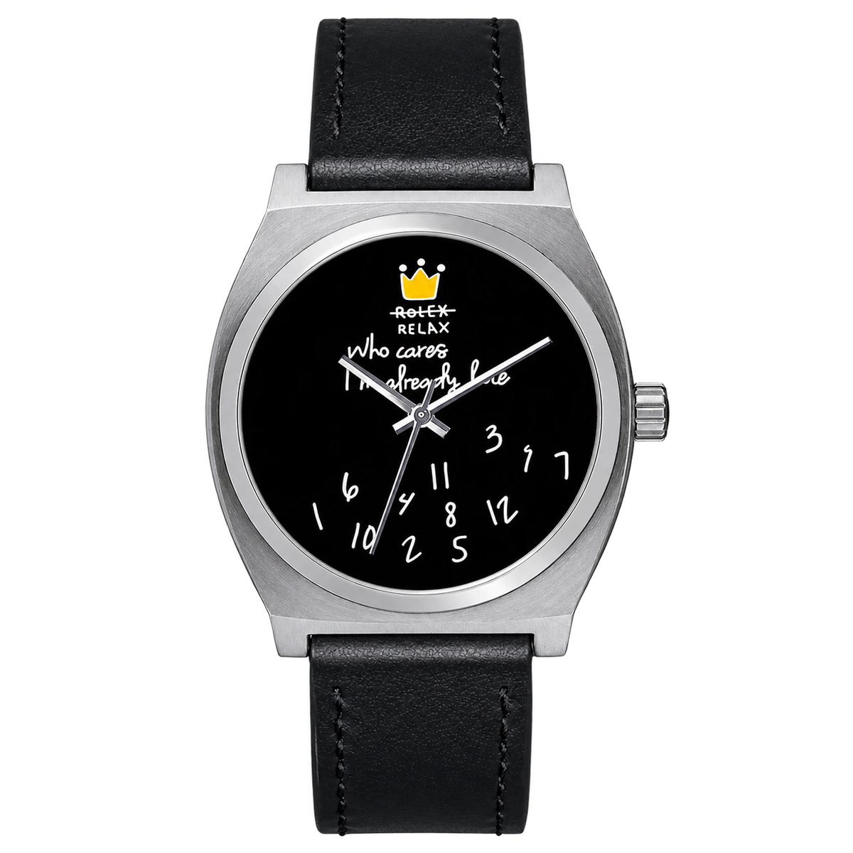 CHOOSZ No Status watch with black dial, yellow crown, scattered white numerals, silver case and black leather strap