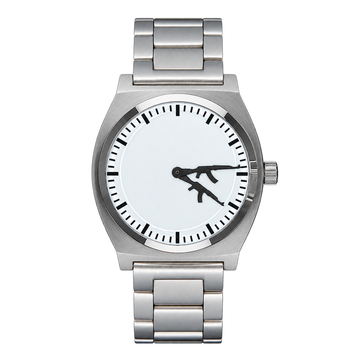 CHOOSZ Arcade Loadout watch with white dial, black gun-shaped hands and silver three-link steel bracelet, front view