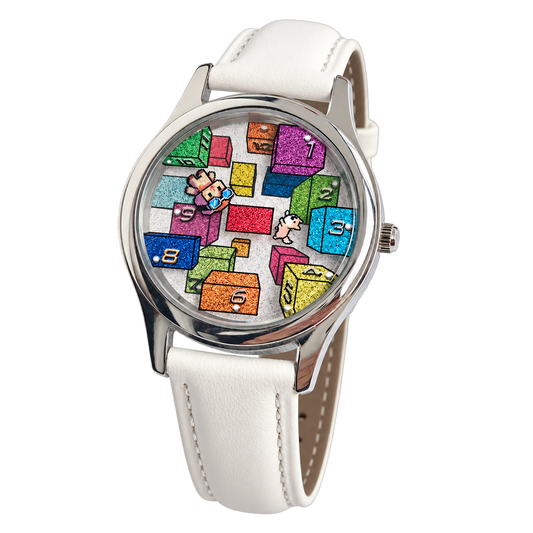 Angled view of CHOOSZ Weightless Hours watch with colorful numbered-block dial, silver case and white leather strap