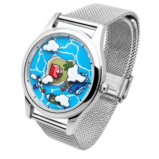 Angled view of Voyager's Log blue island dial watch showing airplane, shark and clouds, polished steel case and silver mesh strap