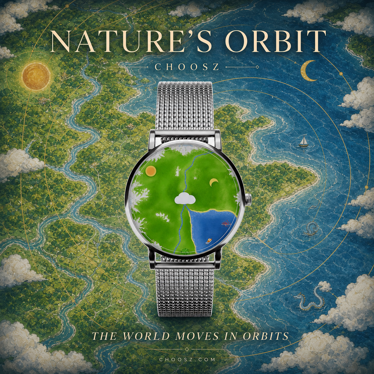 Nature's Orbit watch over a square painted bird's-eye landscape with Sun and Moon orbit lines