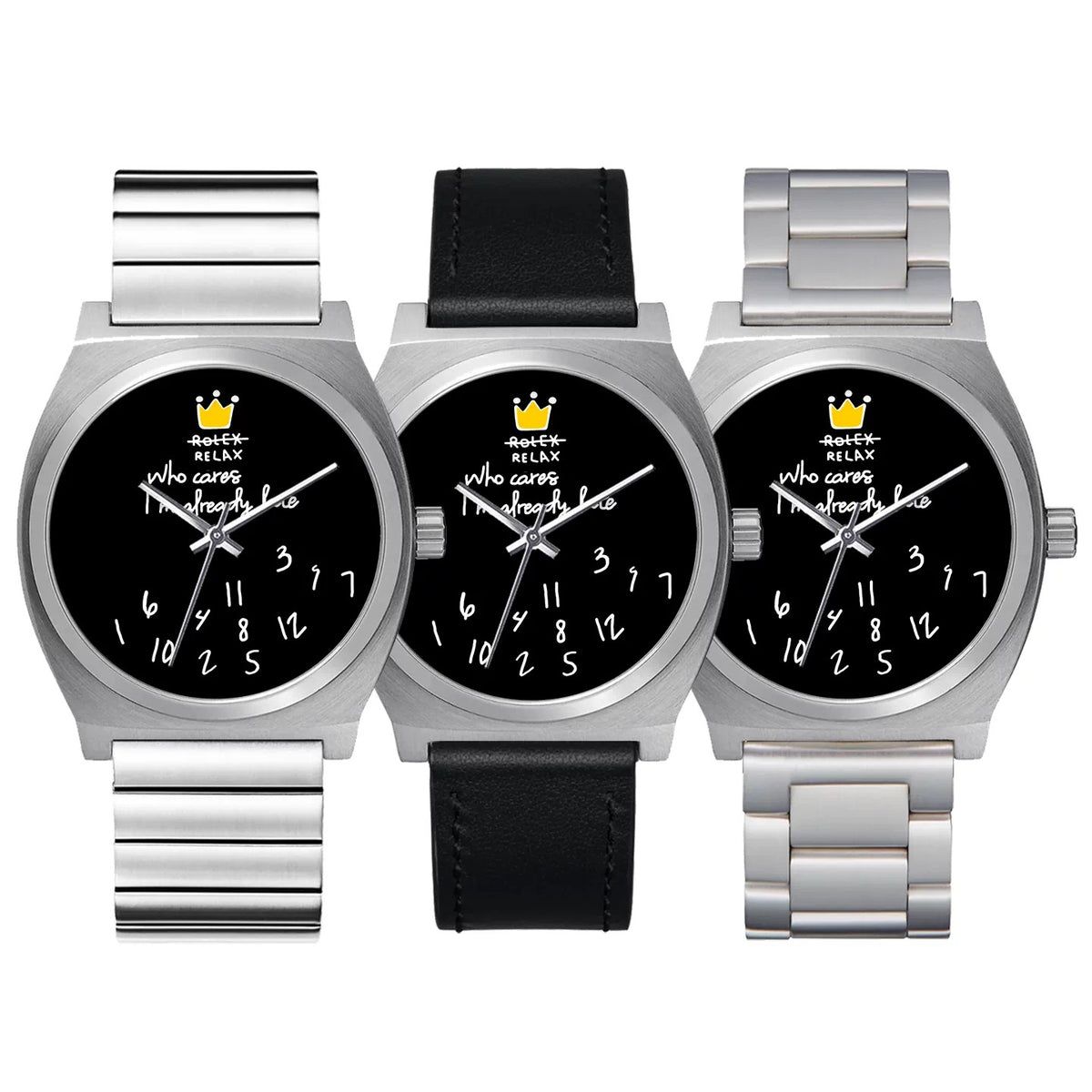 Three CHOOSZ No Status black-dial watches with single-link steel, black leather and three-link steel strap options