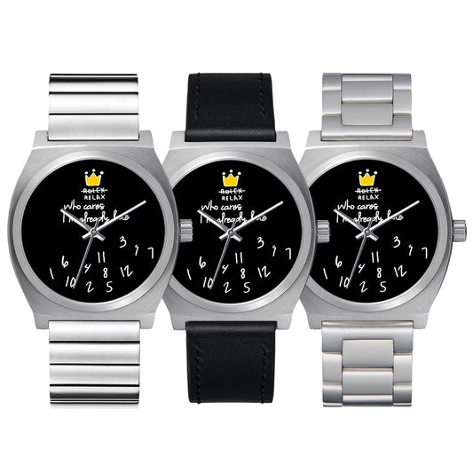 Three CHOOSZ No Status black-dial watches with single-link steel, black leather and three-link steel strap options