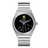 CHOOSZ No Status watch with black dial, yellow crown, scattered white numerals and silver single-link steel bracelet