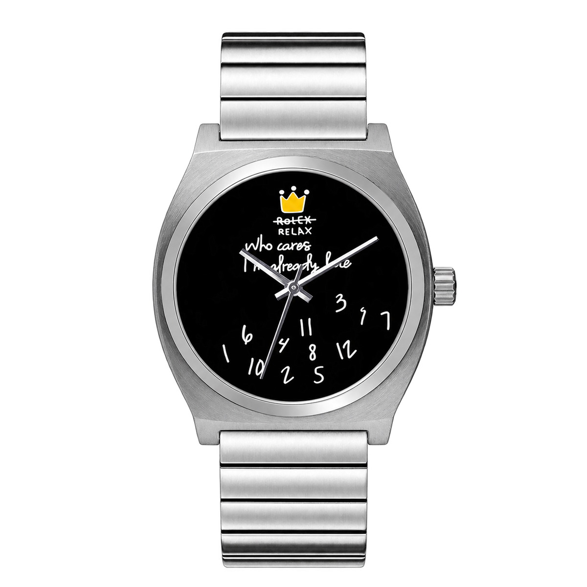 CHOOSZ No Status watch with black dial, yellow crown, scattered white numerals and silver single-link steel bracelet