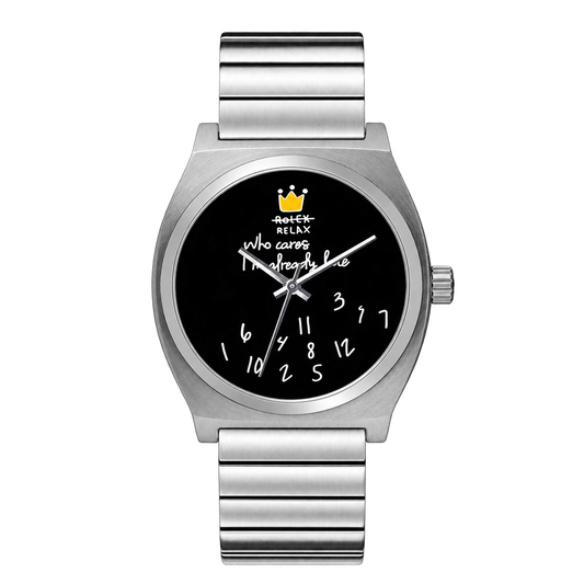CHOOSZ No Status watch with black dial, yellow crown, scattered white numerals and silver single-link steel bracelet