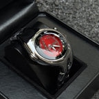 Morph Drift red dial sculpted metal watch displayed in a black box