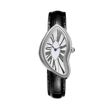 Temporal Distortion montre avec boîtier asymétrique argenté, cadran blanc en chiffres romains, aiguilles bleues et bracelet noir, vue avant