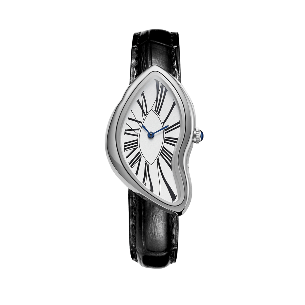 Temporal Distortion montre avec boîtier asymétrique argenté, cadran blanc en chiffres romains, aiguilles bleues et bracelet noir, vue avant