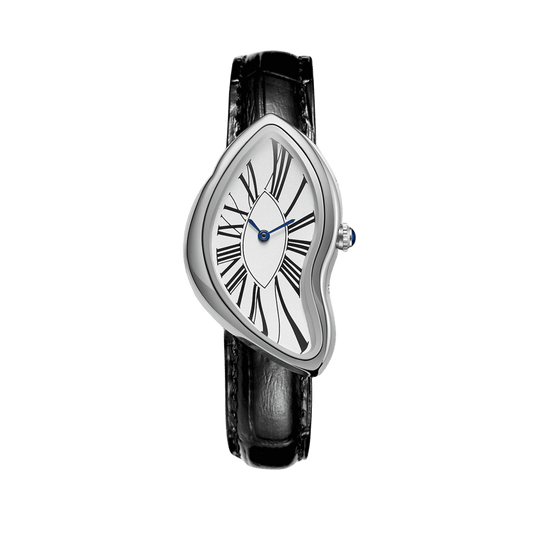 Temporal Distortion montre avec boîtier asymétrique argenté, cadran blanc en chiffres romains, aiguilles bleues et bracelet noir, vue avant