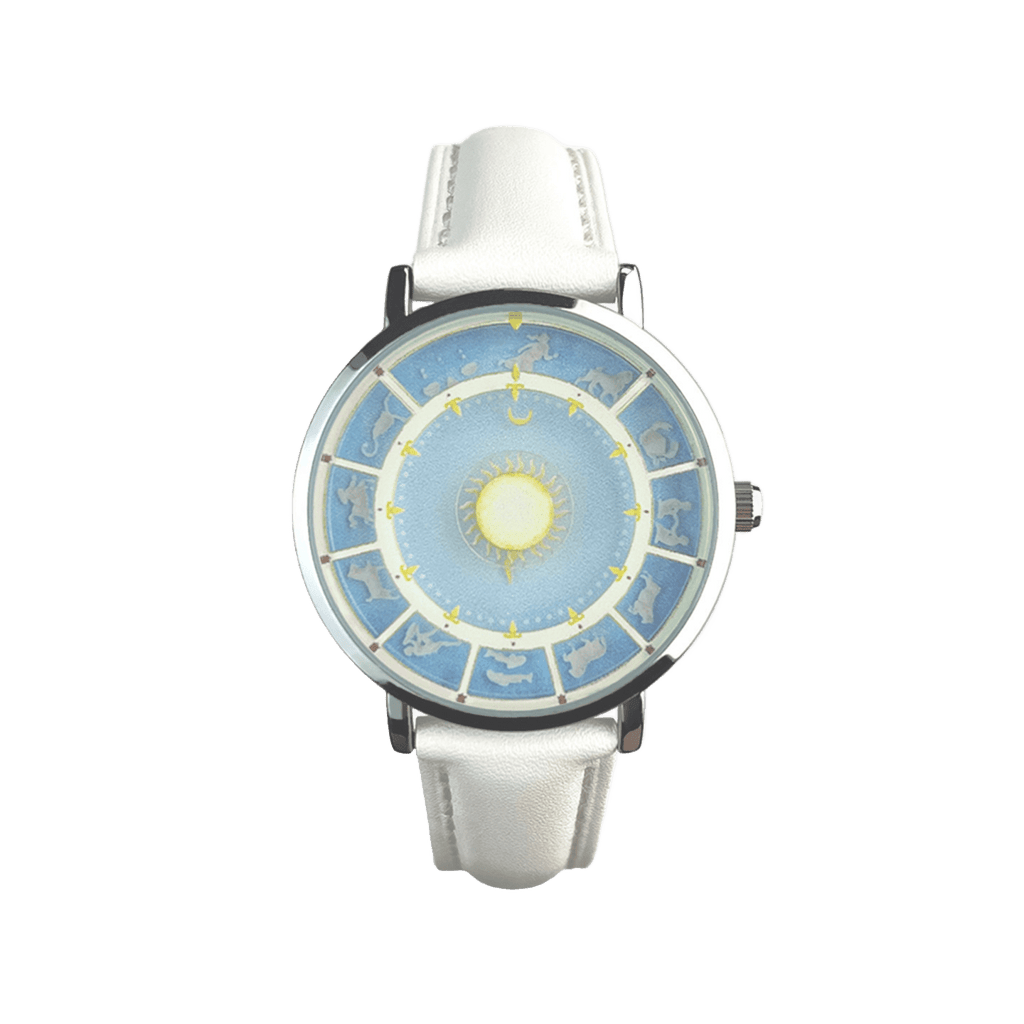 Astral Mythos white strap zodiac watch with Sun and Moon dial front view