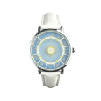 Astral Mythos white strap zodiac watch with Sun and Moon dial front view
