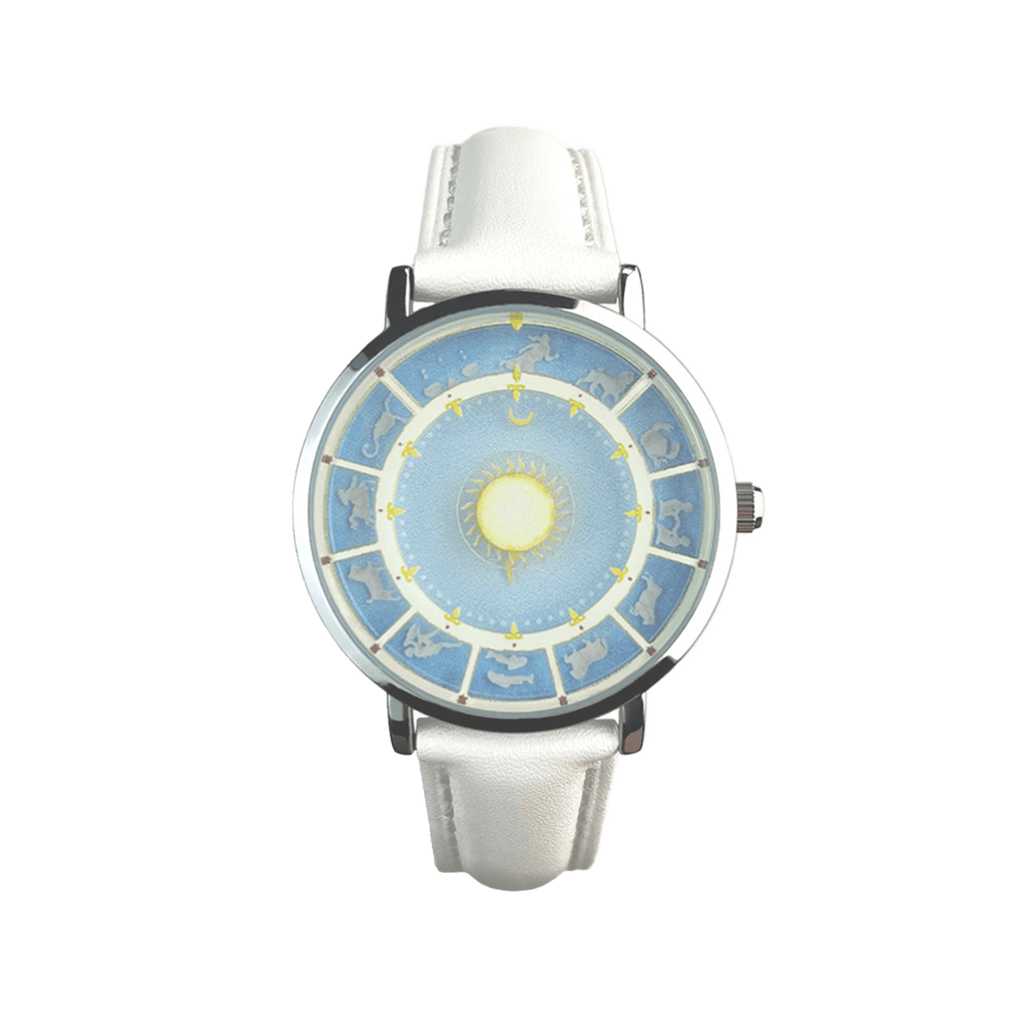 Astral Mythos white strap zodiac watch with Sun and Moon dial front view