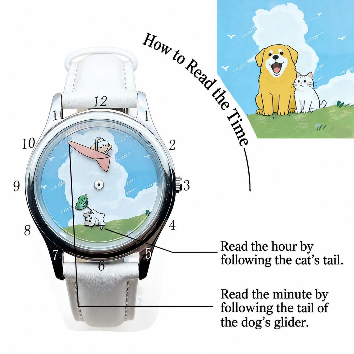 CHOOSZ Cloud Companions time-reading guide: the cat's tail indicates the hour and the tail of the dog's glider indicates the minute