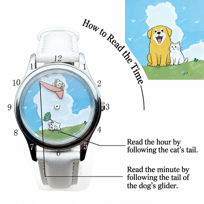 CHOOSZ Cloud Companions time-reading guide: the cat's tail indicates the hour and the tail of the dog's glider indicates the minute