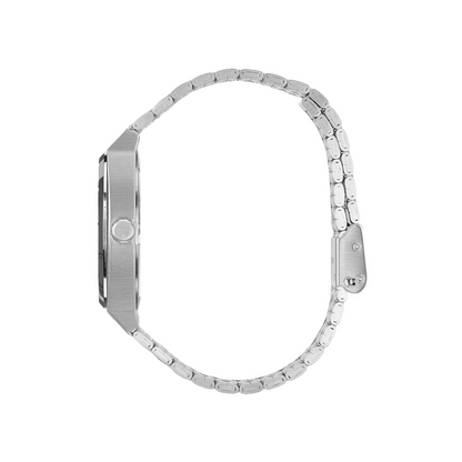 Side profile of CHOOSZ Arcade Loadout watch showing the silver case, crown and curved steel bracelet