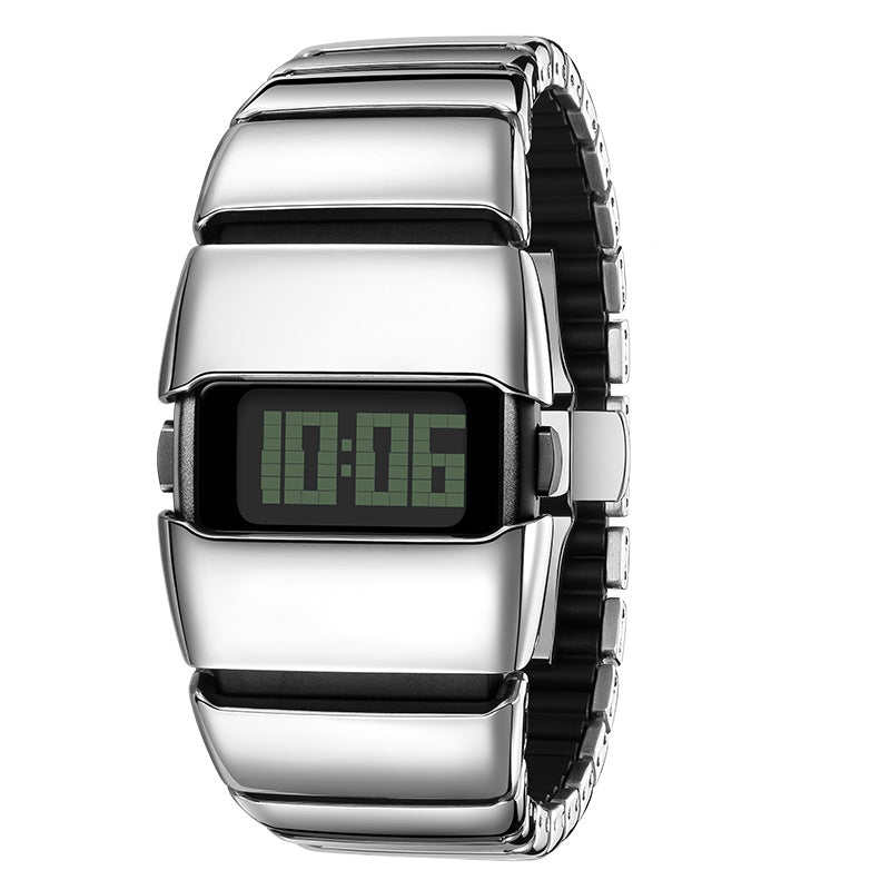 Exoskeleton Link polished silver Y2K futuristic LCD watch front view