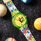 Time Thief pop art quartz watch shown from an alternate angle