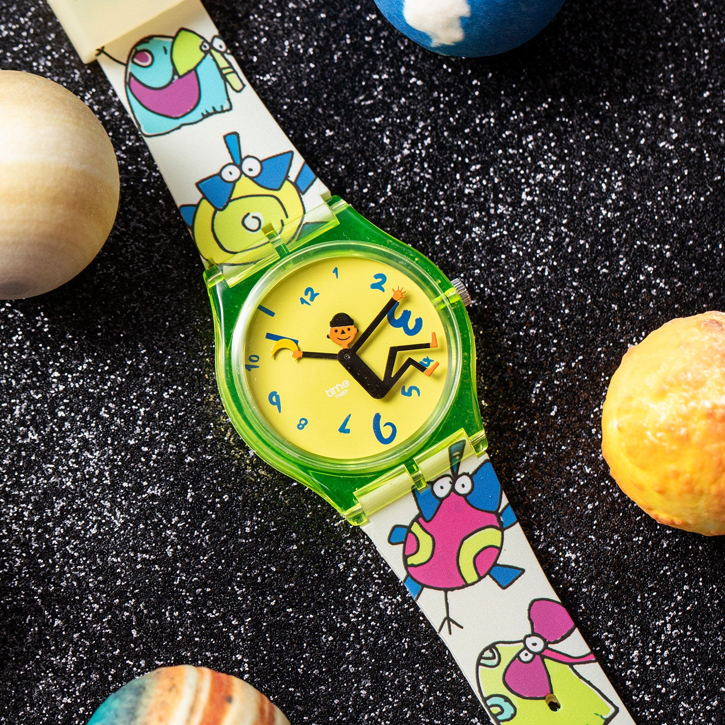 Time Thief pop art quartz watch shown from an alternate angle