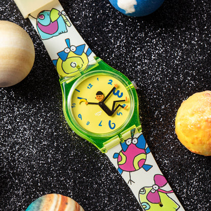 Time Thief montre pop art quartz montrée sous un angle alternatif