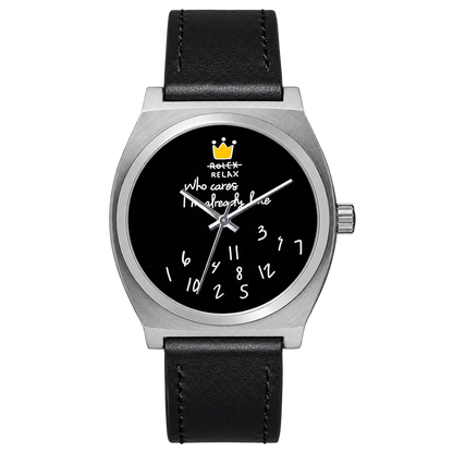 CHOOSZ No Status watch with black dial, yellow crown, scattered white numerals, silver case and black leather strap