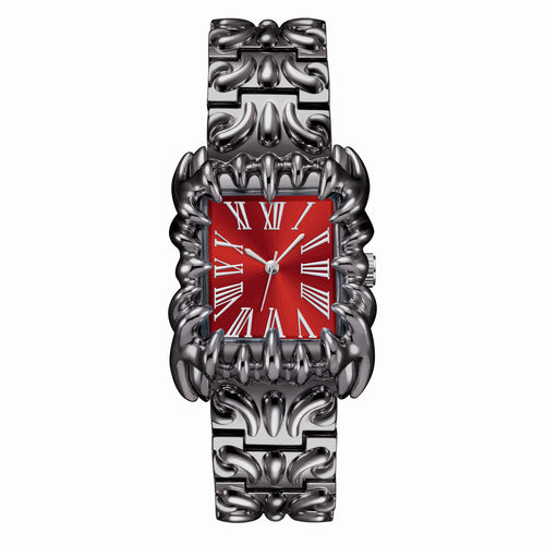 Abyss Grip red dial gothic skeleton claw watch front view