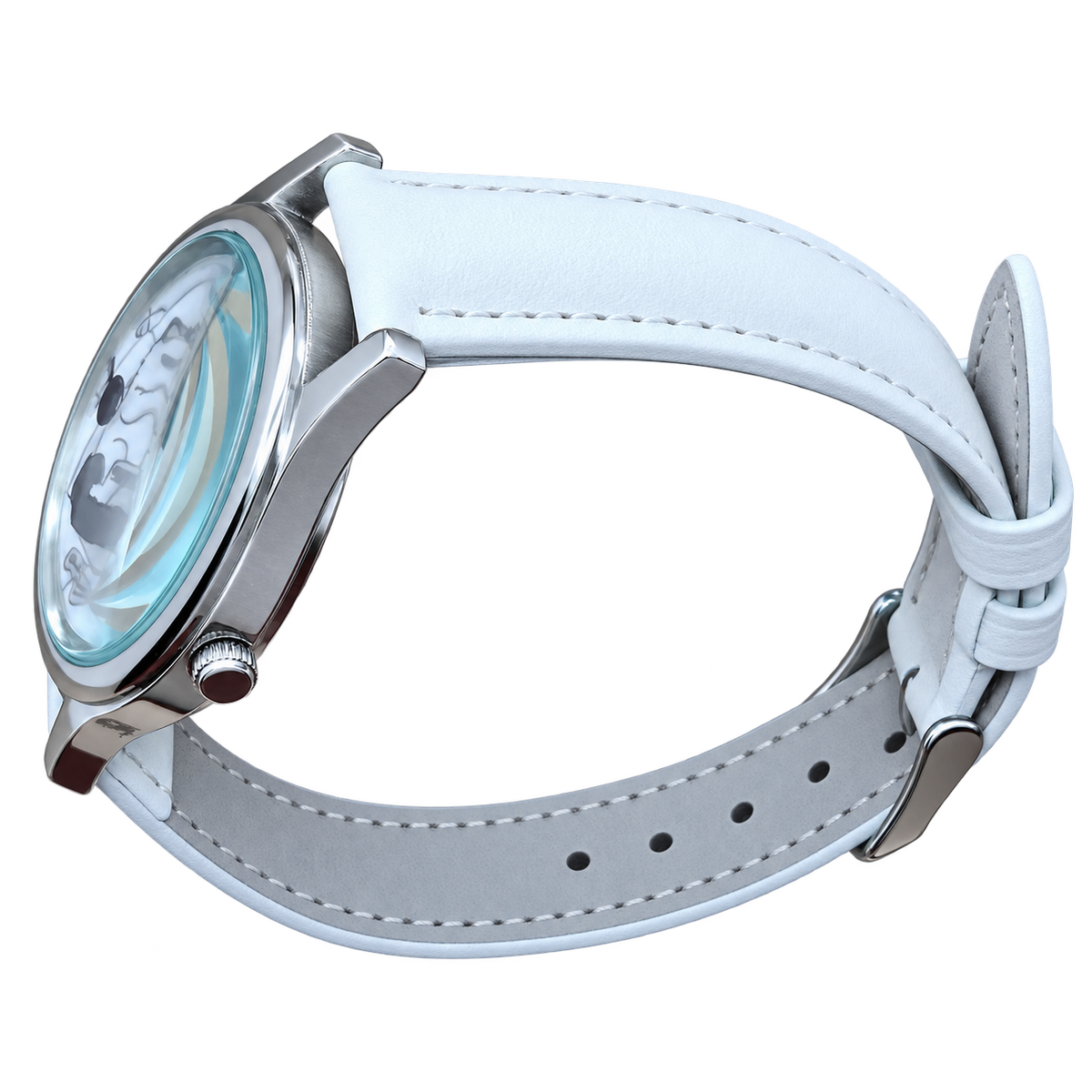 Side view of CHOOSZ Cozy Co-op watch showing silver case, crown and white leather strap with stitching and silver buckle