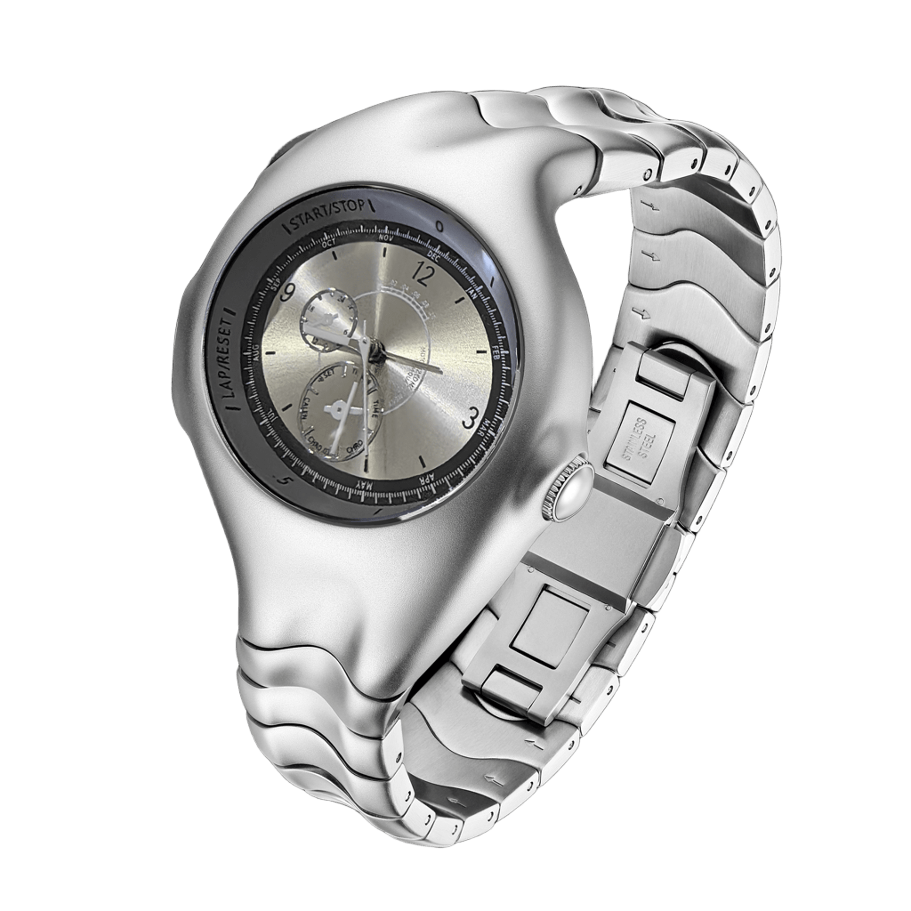 Chrono Flux silver Y2K futuristic analog watch angled view
