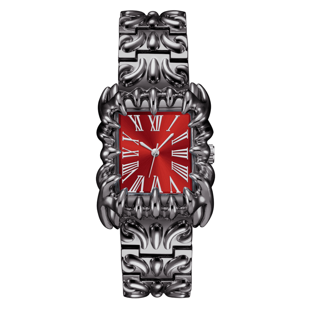 Abyss Grip watch with red rectangular Roman numeral dial, silver-tone claw-shaped case and sculpted bracelet, front view