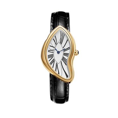 Temporal Distortion montre avec boîtier asymétrique doré, cadran en chiffres romains blancs, aiguilles bleues et bracelet noir, vue avant