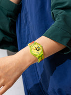 Time Thief translucent neon green pop art watch worn on wrist