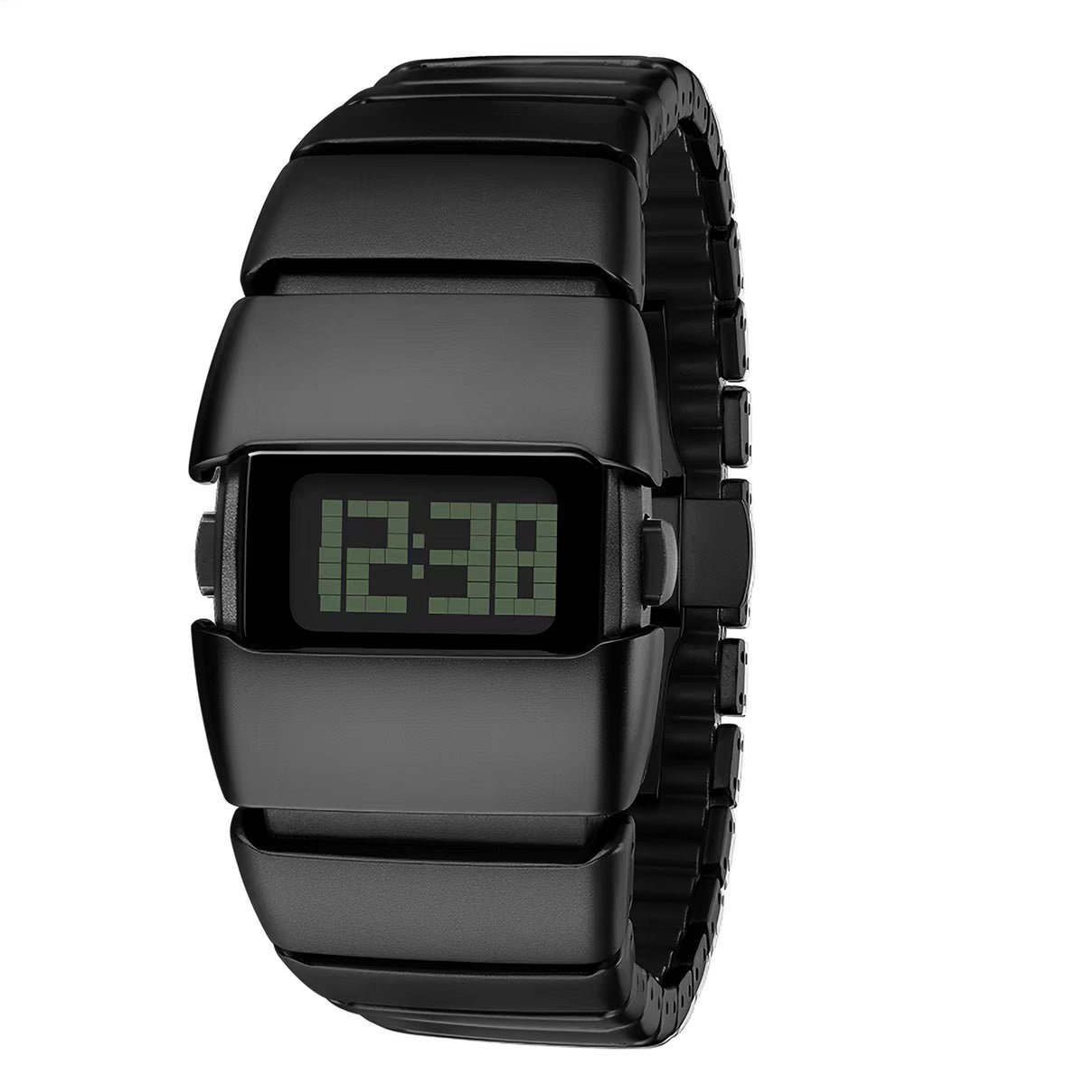 Exoskeleton Link matte black Y2K futuristic LCD watch front view
