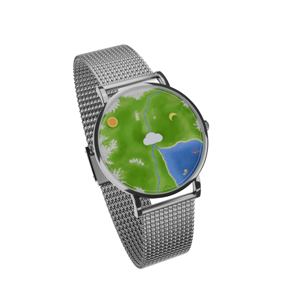 Nature's Orbit Earth landscape watch angled view with stainless steel mesh strap