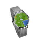 Nature's Orbit Earth landscape watch angled view with stainless steel mesh strap