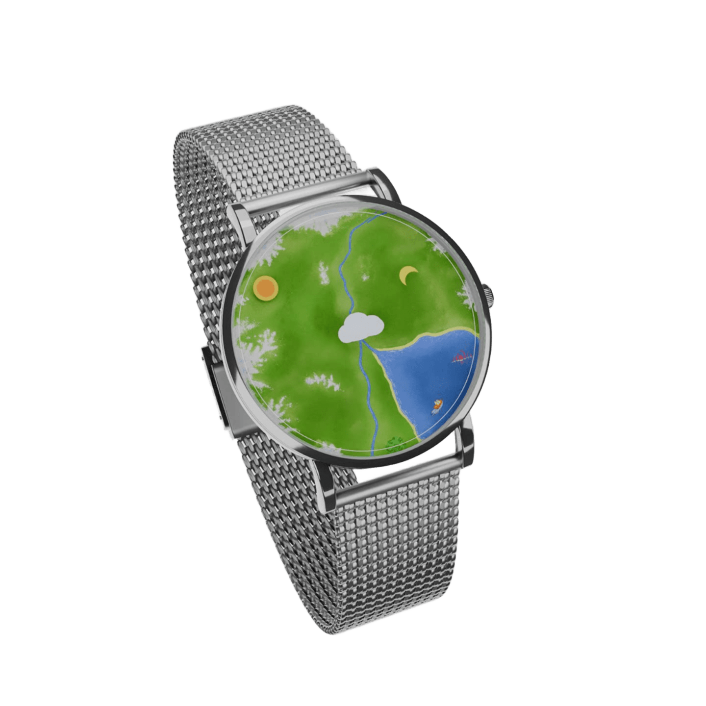 Nature's Orbit Earth landscape watch angled view with stainless steel mesh strap