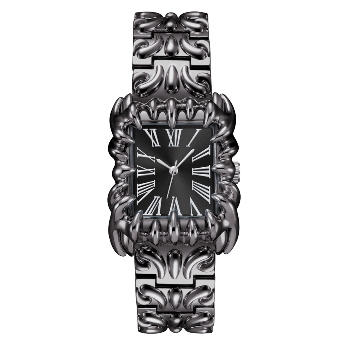 Abyss Grip watch with black rectangular Roman numeral dial, silver-tone claw-shaped case and sculpted bracelet, front view