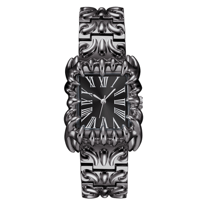 Abyss Grip watch with black rectangular Roman numeral dial, silver-tone claw-shaped case and sculpted bracelet, front view