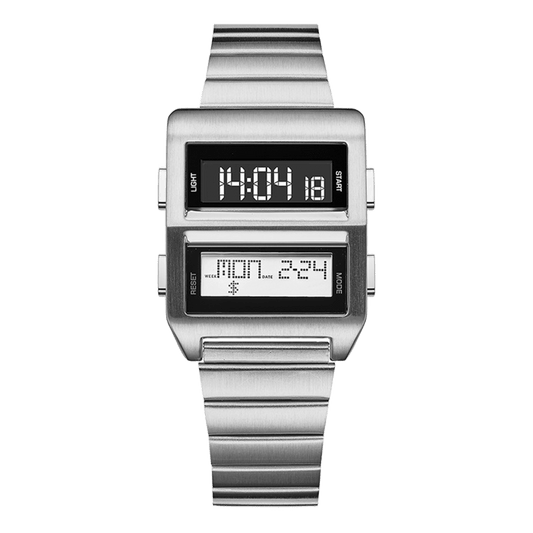 Binary Deck silver stainless steel watch with two stacked digital displays and single-link bracelet, front view