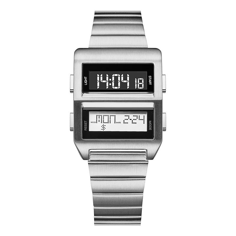 Binary Deck silver dual-screen LCD watch front view