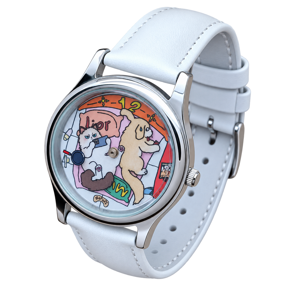Angled view of CHOOSZ Cozy Co-op watch showing colorful cartoon animal dial, polished silver case and stitched white leather strap