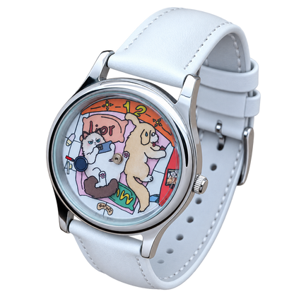 Angled view of CHOOSZ Cozy Co-op watch showing colorful cartoon animal dial, polished silver case and stitched white leather strap