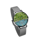 Mystic Koi Pond watch angled view with koi pond dial and mesh strap