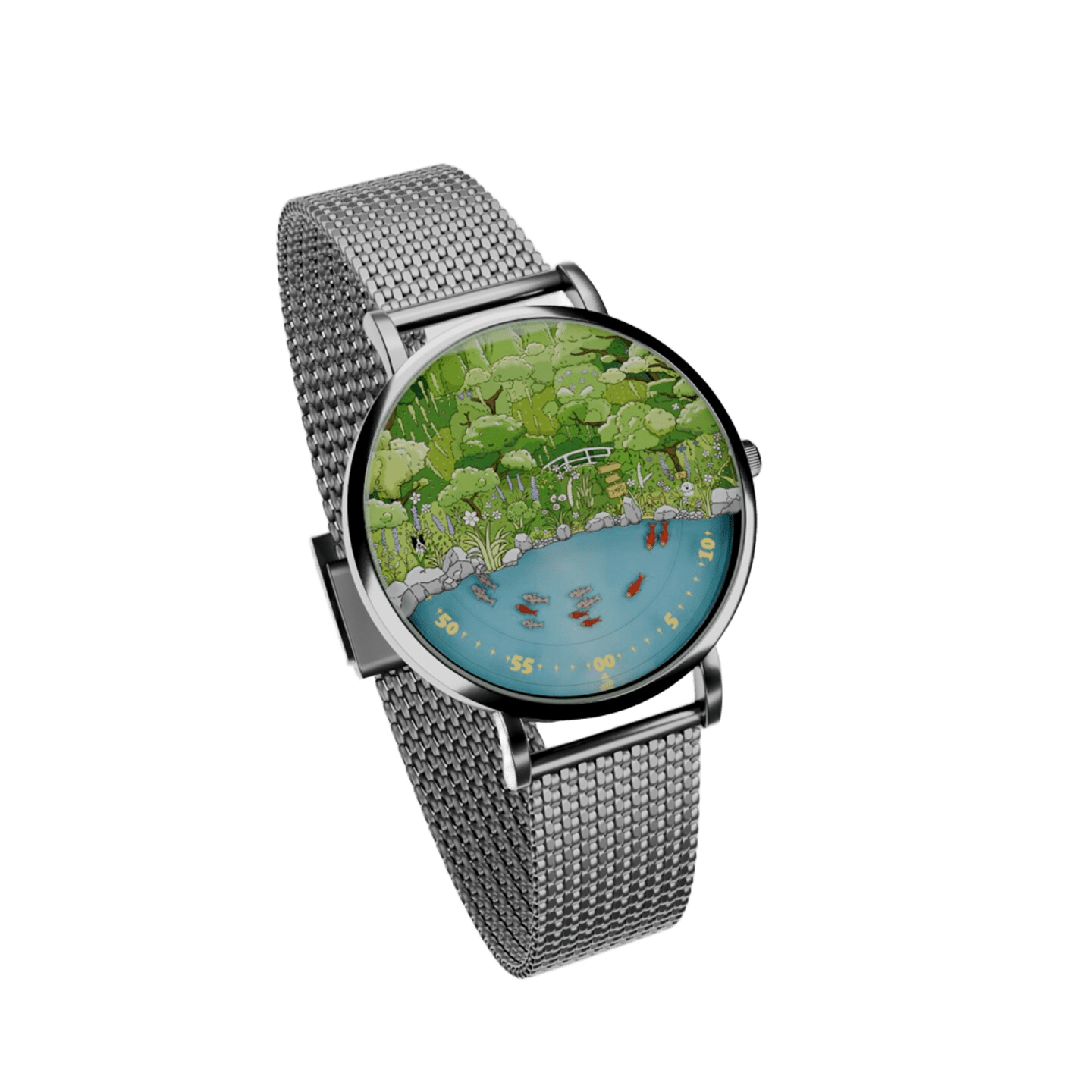 Mystic Koi Pond watch angled view with koi pond dial and mesh strap