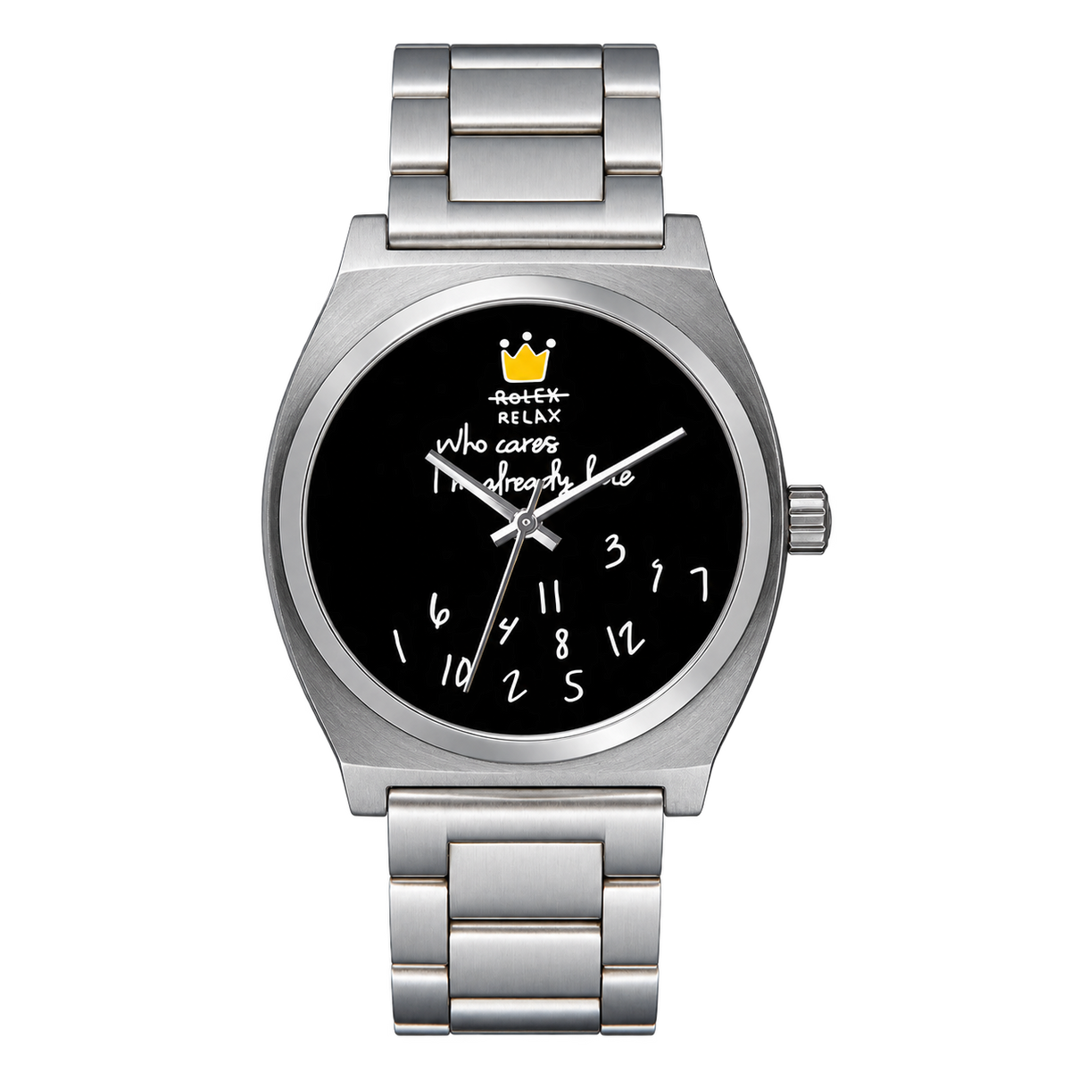 CHOOSZ No Status watch with black dial, yellow crown, scattered white numerals and silver three-link steel bracelet