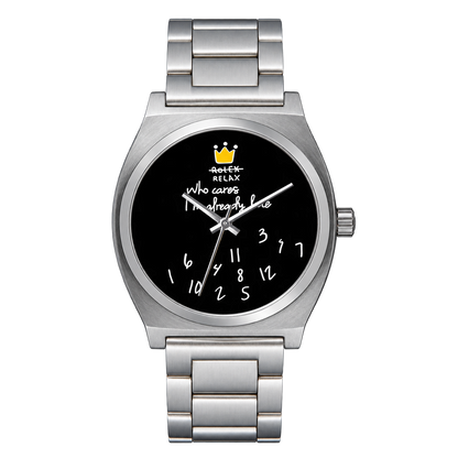 CHOOSZ No Status watch with black dial, yellow crown, scattered white numerals and silver three-link steel bracelet