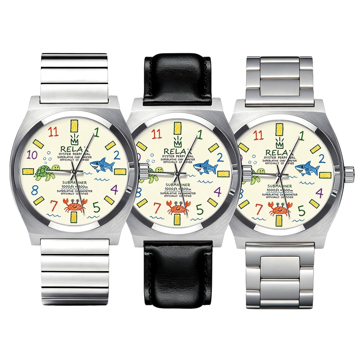 CHOOSZ Crown Doodle watches with colorful sea-life dials and single-link steel, black leather and three-link steel straps