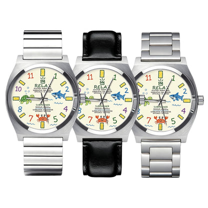 CHOOSZ Crown Doodle watches with colorful sea-life dials and single-link steel, black leather and three-link steel straps