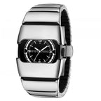 Exoskeleton Link polished silver Y2K futuristic analog watch front view
