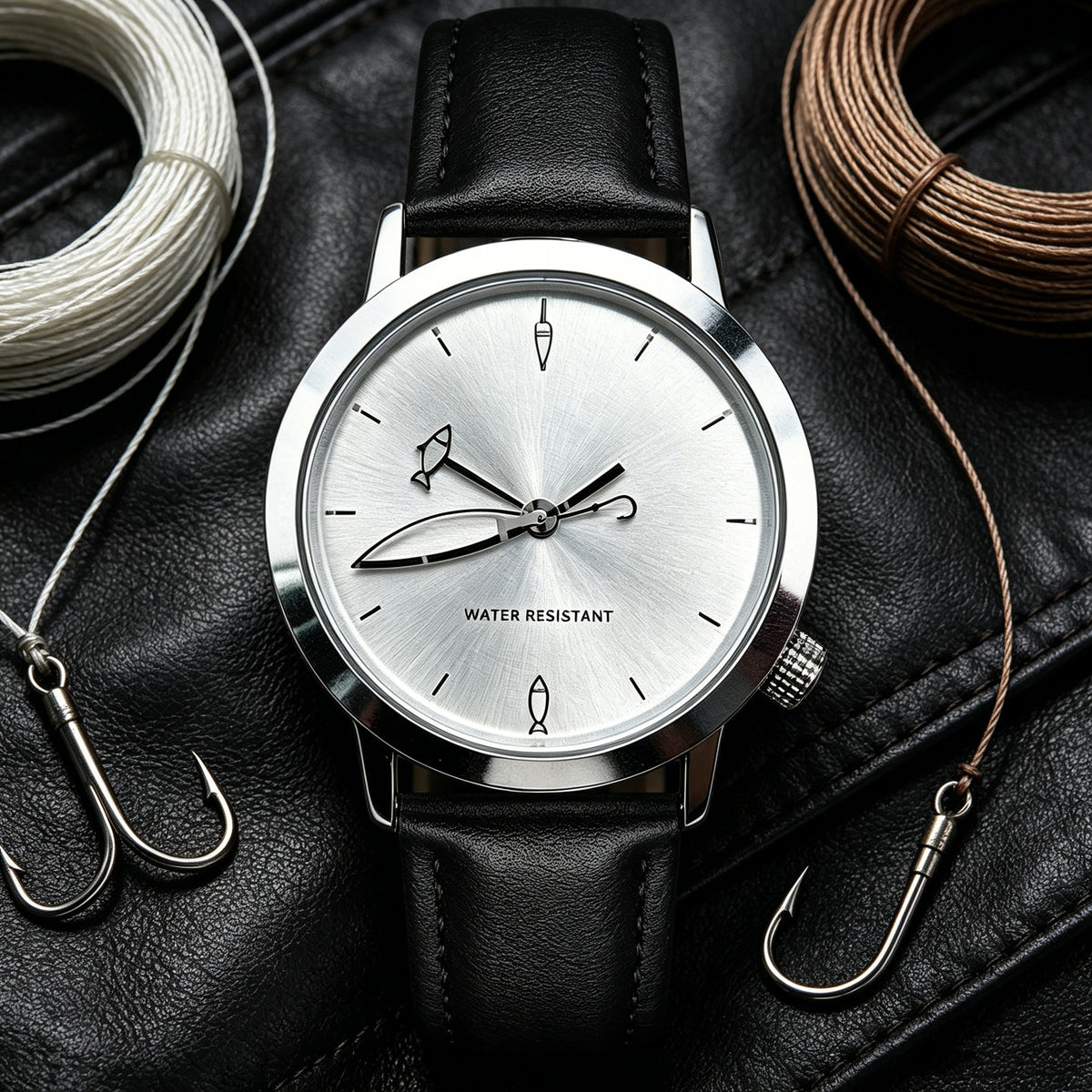 CHOOSZ Lucky Cast silver-dial watch with black leather strap displayed beside fishing hooks and coiled line