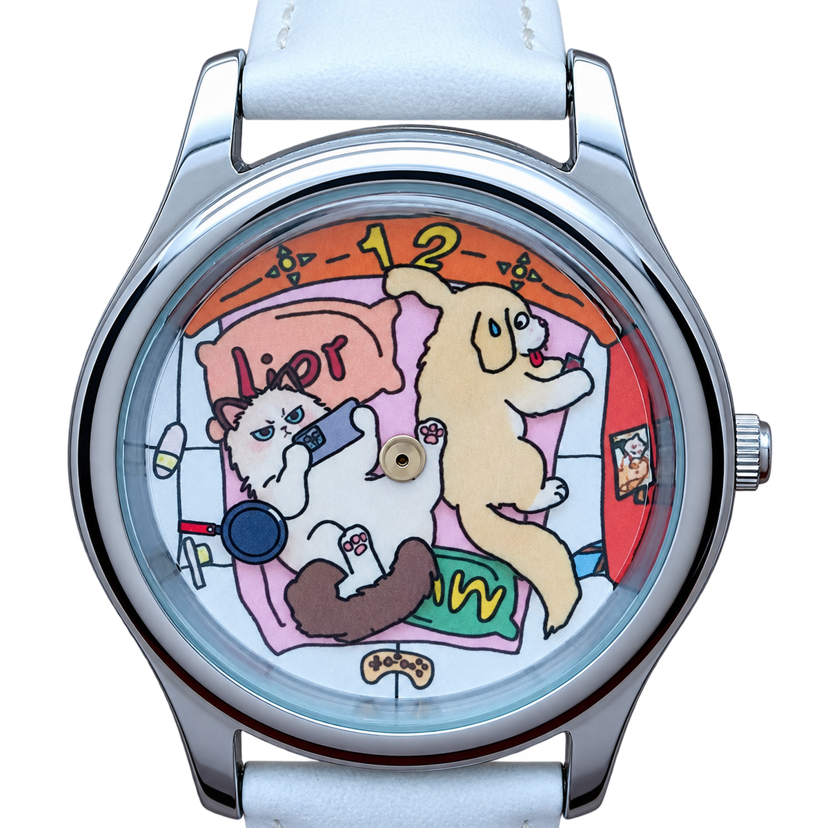 Close-up of CHOOSZ Cozy Co-op watch dial featuring a lounging cat and dog, frying-pan hand and colorful gaming-themed details
